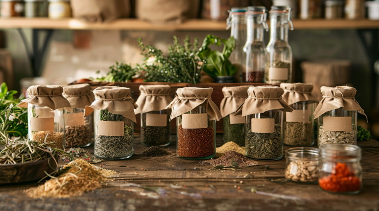 Bustine di semi etichettate e barattoli di vetro con semi di verdure, fiori, frutti ed erbe aromatiche conservati per la stagione successiva — Seedschoice.com