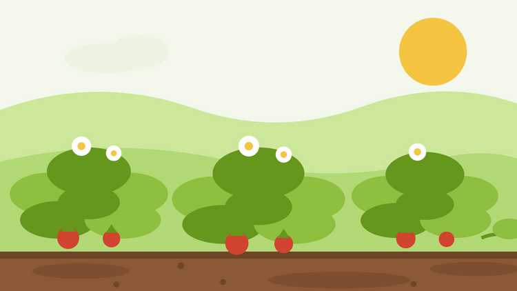 Come coltivare le fragoline di bosco da seme — illustrazione piatta di piante di Fragaria vesca con fiori bianchi, piccole bacche rosse e uno stolone sul terreno
