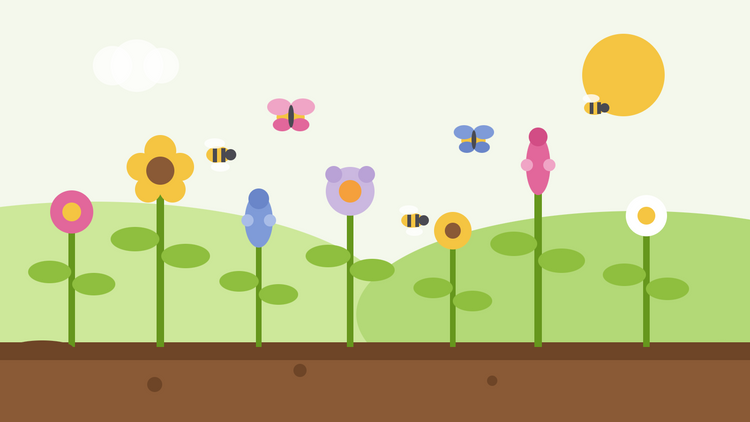 Fiori da giardino per impollinatori — illustrazione piatta di un'aiuola mista con fiori semplici, api e farfalle in visita