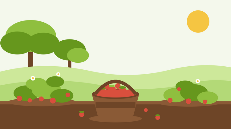 Raccogliere le fragoline di bosco — illustrazione piatta di cespi bassi di Fragaria vesca carichi di piccole bacche rosse accanto a un cesto di frutto raccolto