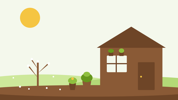 Svernare le piante delicate — illustrazione piatta di piante in vaso al riparo accanto a un capanno in un giardino invernale gelido